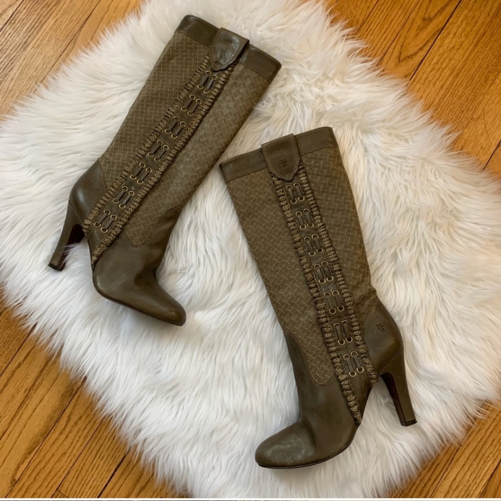 Frye 10 Ava Embroidered Boots Leather Olive Green